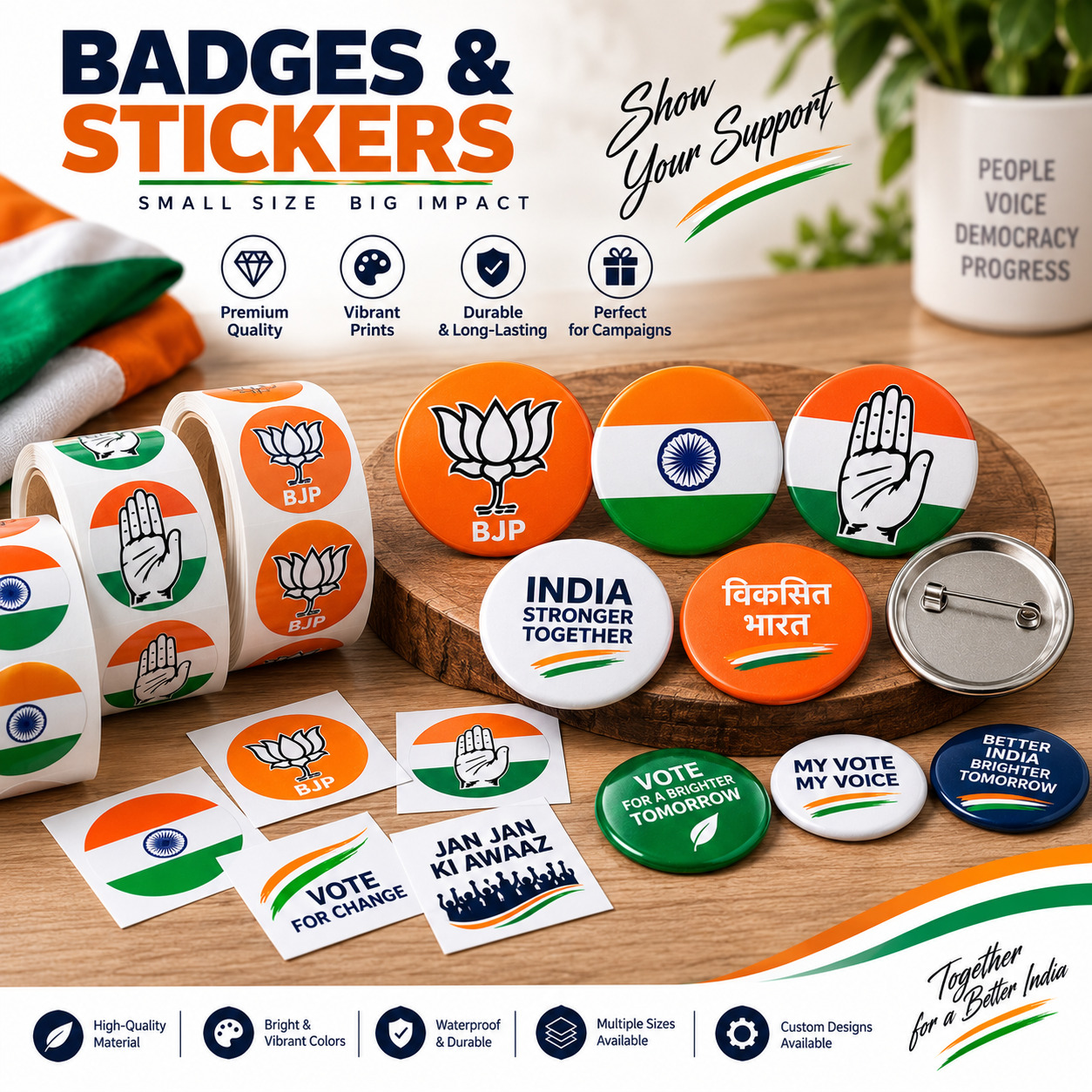 Badges & Stickers featuring Indian political party campaign designs