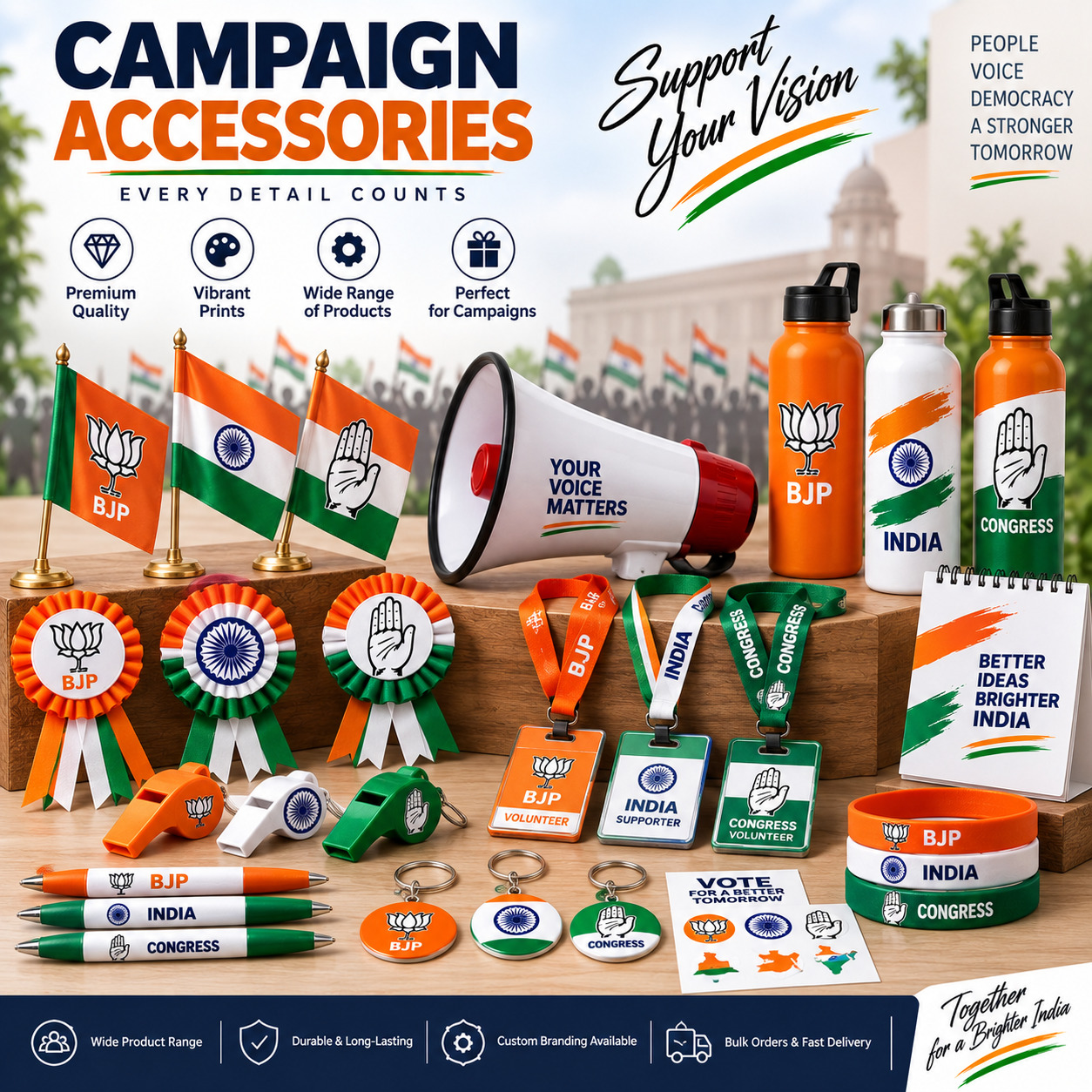 Campaign Accessories featuring Indian political party campaign designs